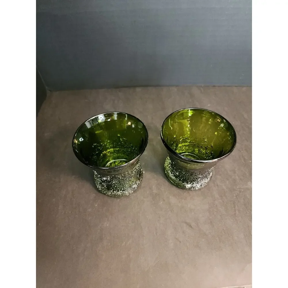 Hand Blow Art Glass Frit Overshot Green 2 Votive Candle Holders, Vases, Juice